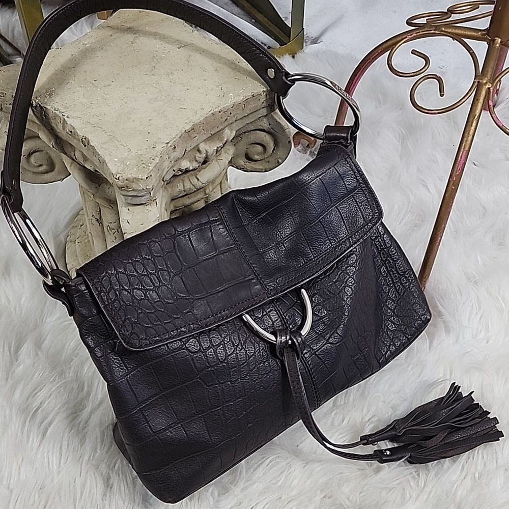 Vintage Leather Alligator Croc Silver Rings  Fringed Bag